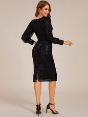 ever MAZIE|Sequin Long Sleeve Pencil Bodycon V-Neck Midi Wedding Guest Dress