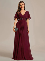 ever IVYROSE|Ruffles Sleeve A-Line Chiffon Waist Applique Maxi Formal Evening Dress