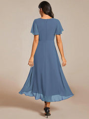 ever LARK|Pleated Chiffon Ruffles Sleeve Midi Semi Formal Dress