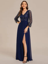 ever JENNI|Sequin See-through Long Sleeves High Slit Chiffon A-Line Evening Dress