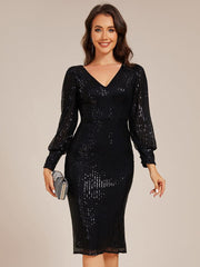 ever MAZIE|Sequin Long Sleeve Pencil Bodycon V-Neck Midi Wedding Guest Dress