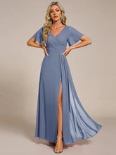 ever LINDEN|High Slit V-Neck Chiffon High Waist Bridesmaid Dress with Ruffle Sleeve