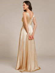 ever INDY|V-neck Empire Waist Satin Maxi Bridesmaid Dress with Pockets