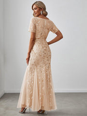 ever JADEN|Floral Sequin Maxi Fishtail Tulle Formal Evening Dress with Short Sleeve
