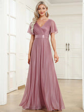 ever LIORÉ|Sparkling Short Sleeve V-Neck Ribbon Waist A-Line Bridesmaid Dress