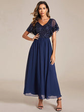 ever HAZEL|Elegant V-Neck Sequin A-Line Short Sleeves Chiffon Midi Formal Dress