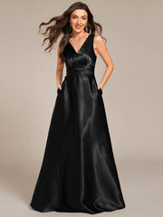 ever INDY|V-neck Empire Waist Satin Maxi Bridesmaid Dress with Pockets
