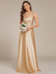 ever INDY|V-neck Empire Waist Satin Maxi Bridesmaid Dress with Pockets