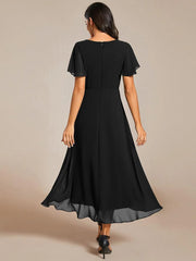 ever LARK|Pleated Chiffon Ruffles Sleeve Midi Semi Formal Dress