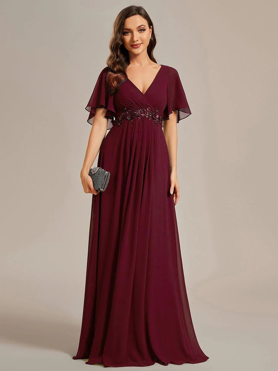 ever IVYROSE|Ruffles Sleeve A-Line Chiffon Waist Applique Maxi Formal Evening Dress