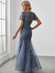 ever JADEN|Floral Sequin Maxi Fishtail Tulle Formal Evening Dress with Short Sleeve