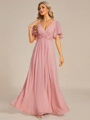 ever IVYROSE|Ruffles Sleeve A-Line Chiffon Waist Applique Maxi Wedding Guest Dress