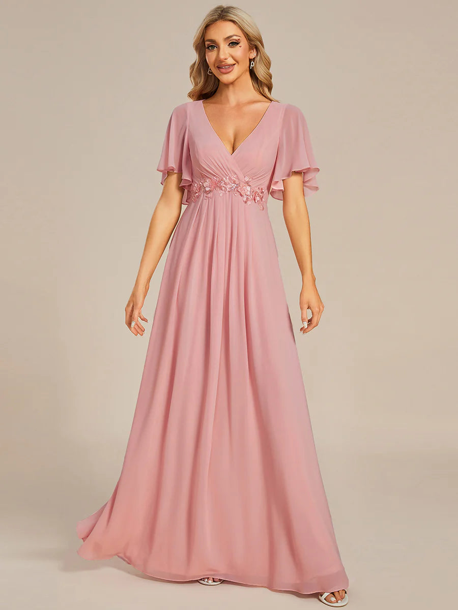 ever IVYROSE|Ruffles Sleeve A-Line Chiffon Waist Applique Maxi Wedding Guest Dress