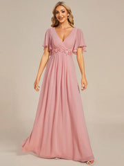 ever IVYROSE|Ruffles Sleeve A-Line Chiffon Waist Applique Maxi Wedding Guest Dress