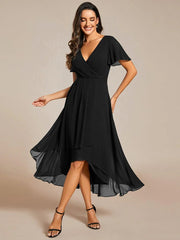 ever LARK|Pleated Chiffon Ruffles Sleeve Midi Semi Formal Dress