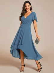 ever LARK|Pleated Chiffon Ruffles Sleeve Midi Semi Formal Dress