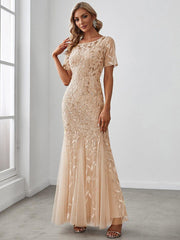 ever JADEN|Floral Sequin Maxi Fishtail Tulle Formal Evening Dress with Short Sleeve